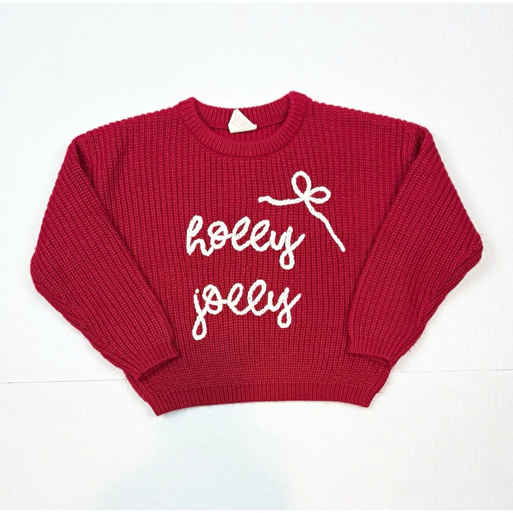Girls Sweater Holiday Christmas Knit Embroidery Holly Jolly Red 2T Sweet Wink